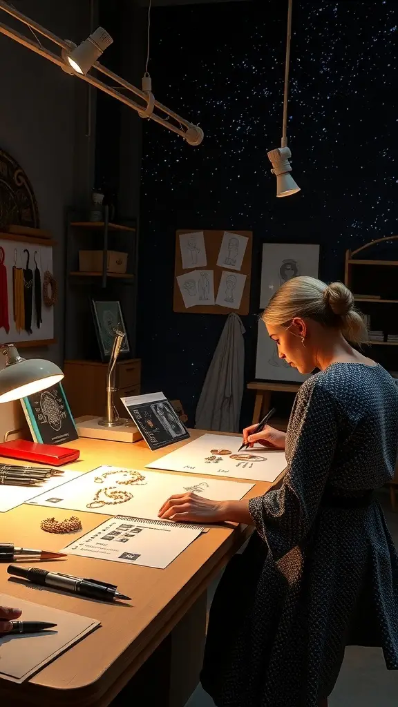 A designer working on sketches for jewelry in a creative workspace with starry background.