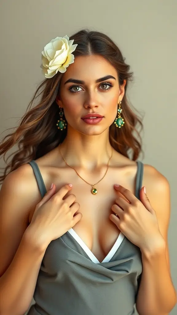 A woman in a regal outfit with intricate jewelry, set against a cosmic background.