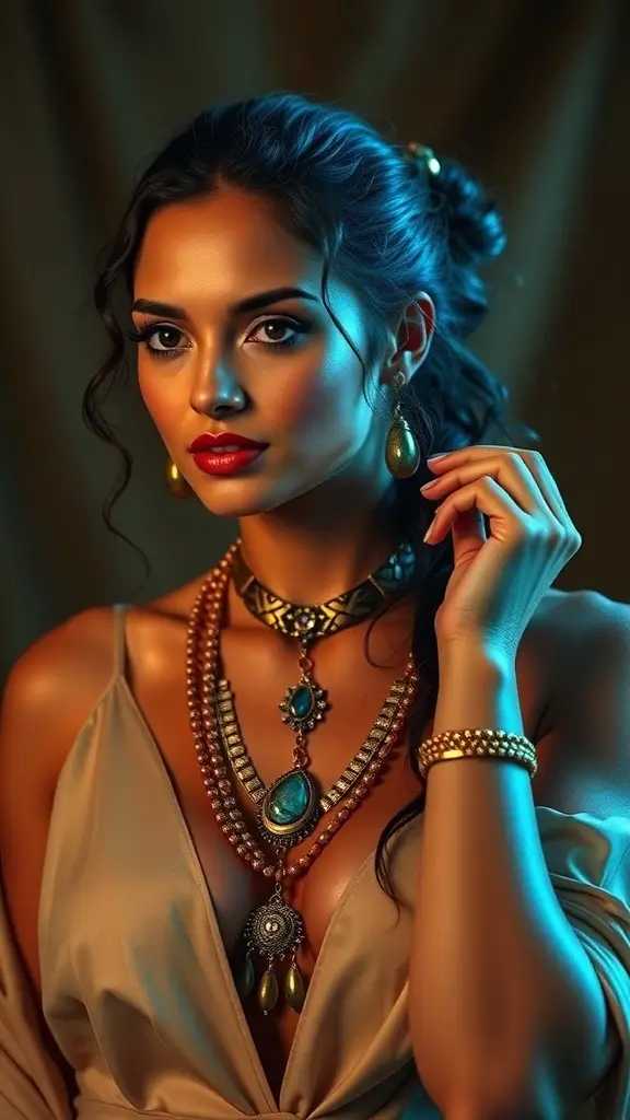An illustration showing various pieces of Leia's jewelry against a cosmic background, with a timeline highlighting their significance.