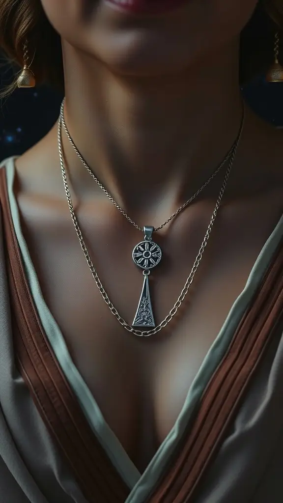Close-up of layered necklaces worn by a woman, featuring a circular pendant and a triangular pendant.