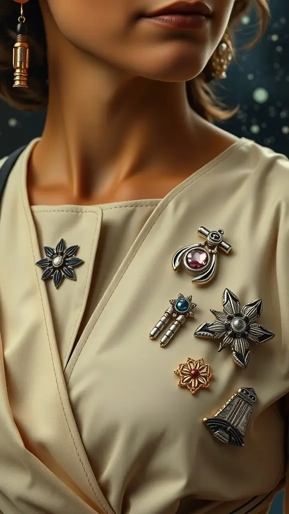 A collection of intricate brooches worn by a character, showcasing various designs and colors.