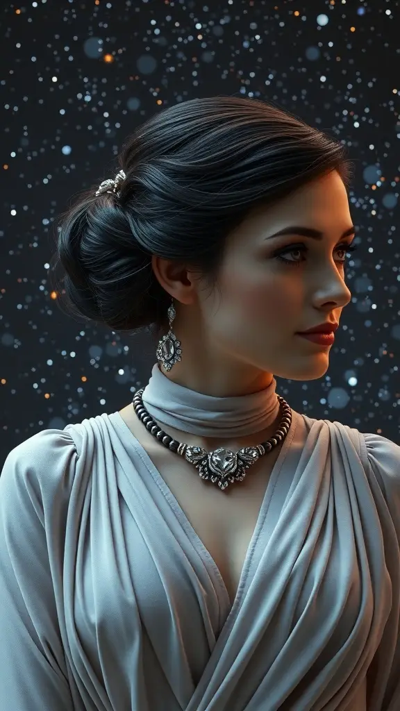 A woman with dark hair styled in an elegant updo, wearing a silver necklace and earrings, set against a starry background.