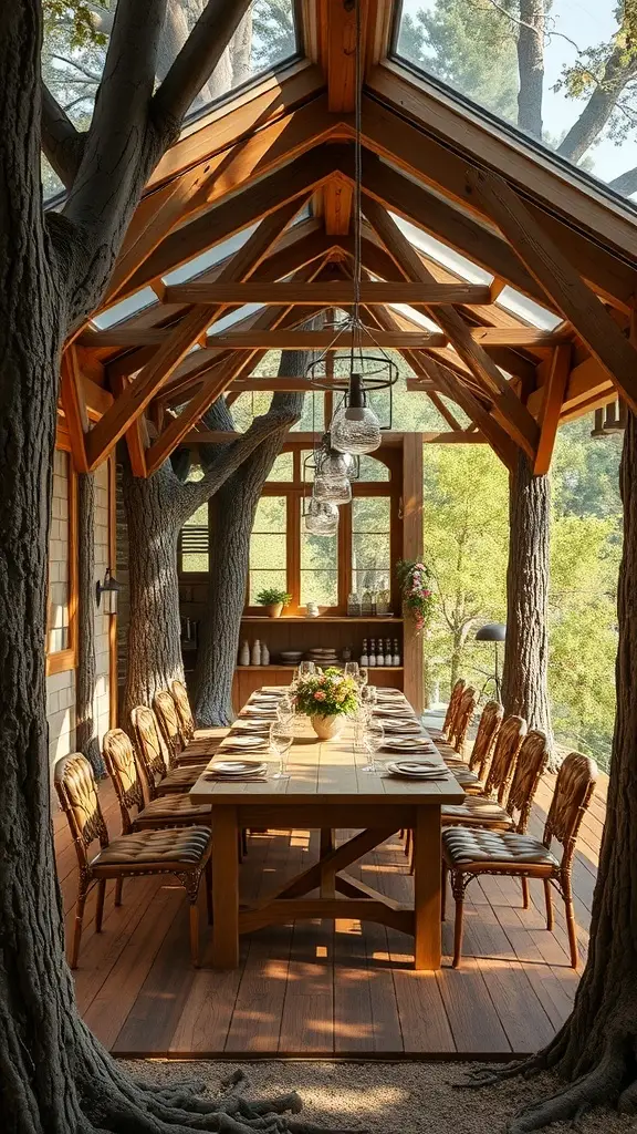 A dining room set in a treehouse with a large wooden table, surrounded by trees and natural light.