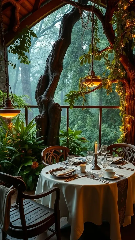 A dining room set in a forest with a wooden table, elegant tableware, and a view of lush greenery.