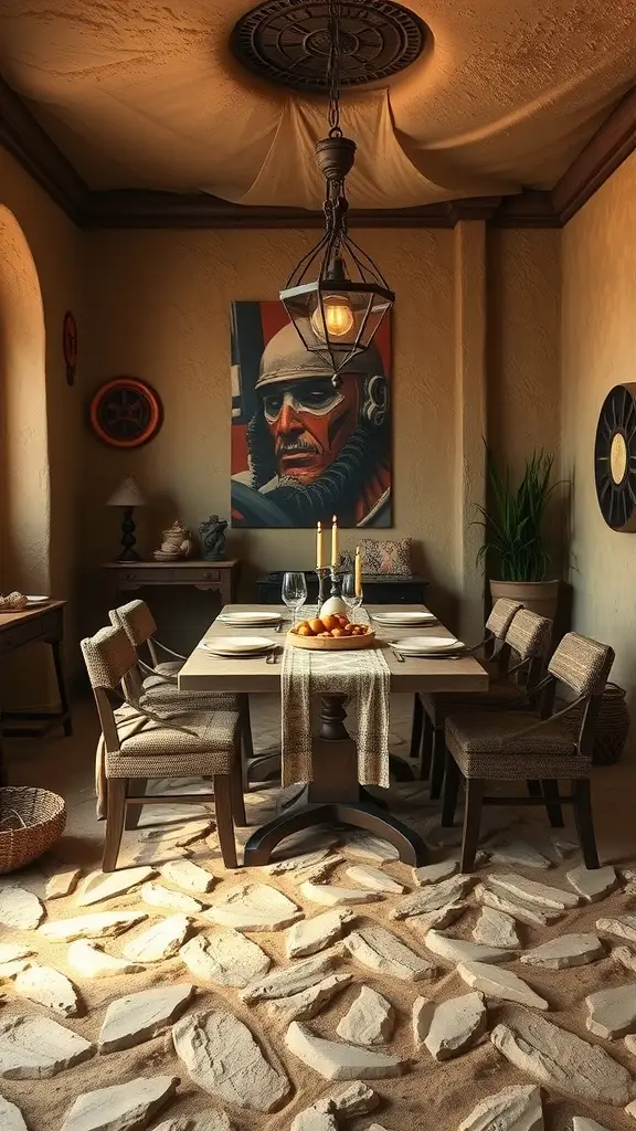 A rustic dining room inspired by Jakku from Star Wars, featuring a wooden table, woven chairs, sandy floor, and warm lighting.