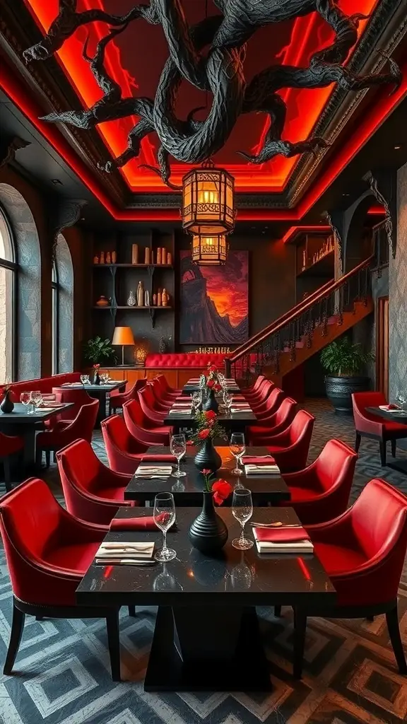 Futuristic dining room inspired by Mustafar from Star Wars, featuring red and black decor, marble tables, and a dramatic ceiling.