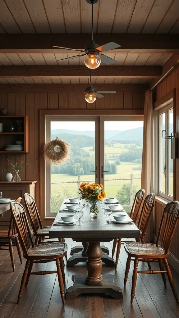 A rustic dining room with a large wooden table, surrounded by chairs, and a view of green fields through large windows.