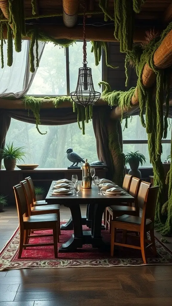 A dining room inspired by Dagobah, featuring a wooden table set with plates and glasses, surrounded by lush greenery and natural light.