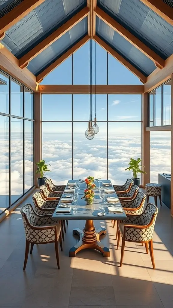 A futuristic dining room with large glass windows overlooking clouds, featuring a modern table set for a meal.