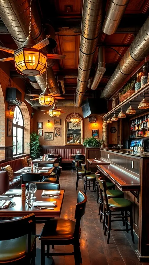 A cozy dining area with wooden furniture and warm lighting, inspired by Tatooine's cantina from Star Wars.
