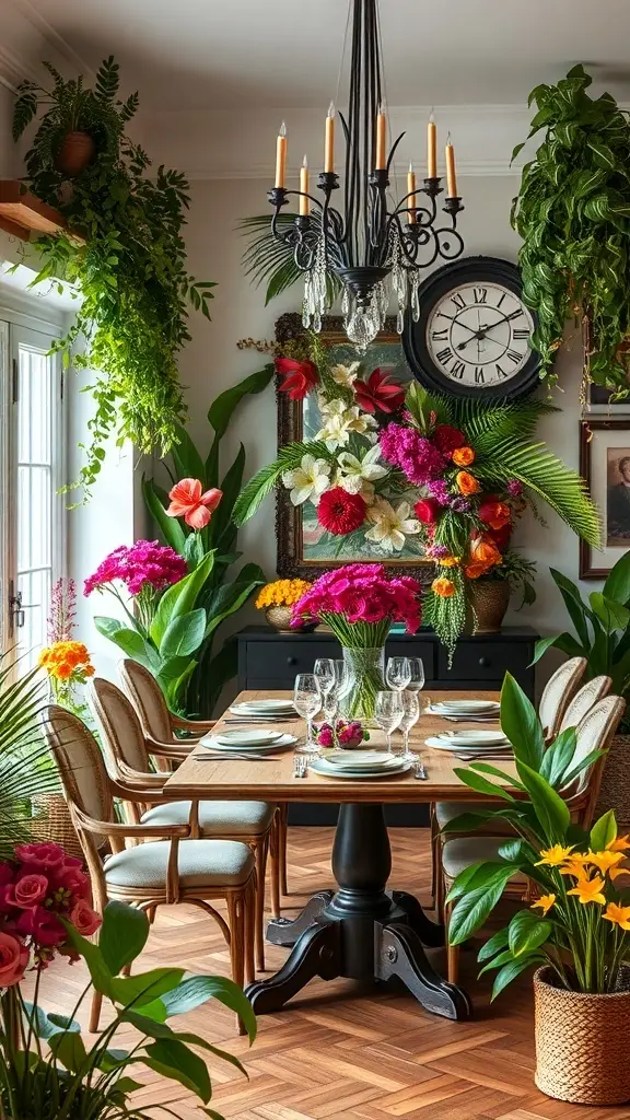 A futuristic dining room inspired by Felucia, featuring exotic flowers and lush greenery.