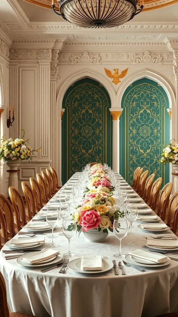 A luxurious dining room setting inspired by Naboo from Star Wars, featuring a long table with floral arrangements and elegant decor.