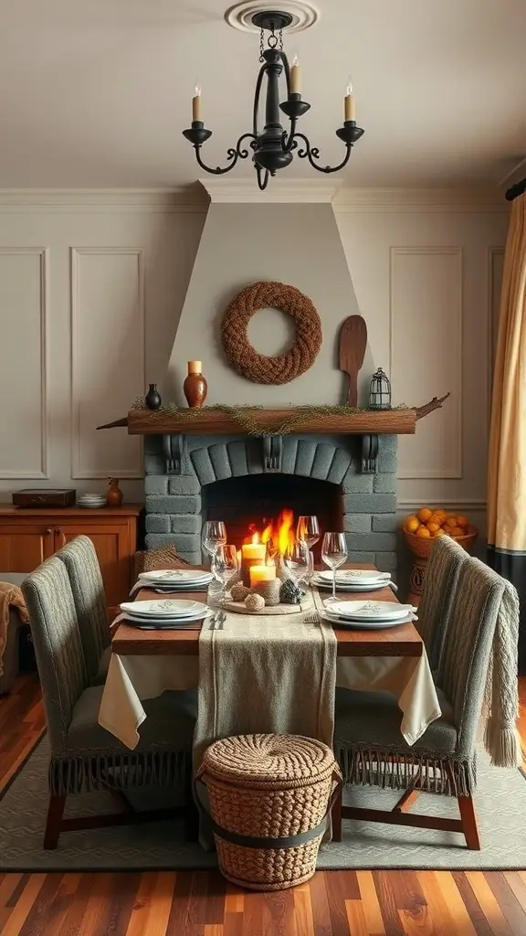 A cozy dining room with a fireplace, warm chairs, and a rustic table setting, inspired by the planet Hoth from Star Wars.