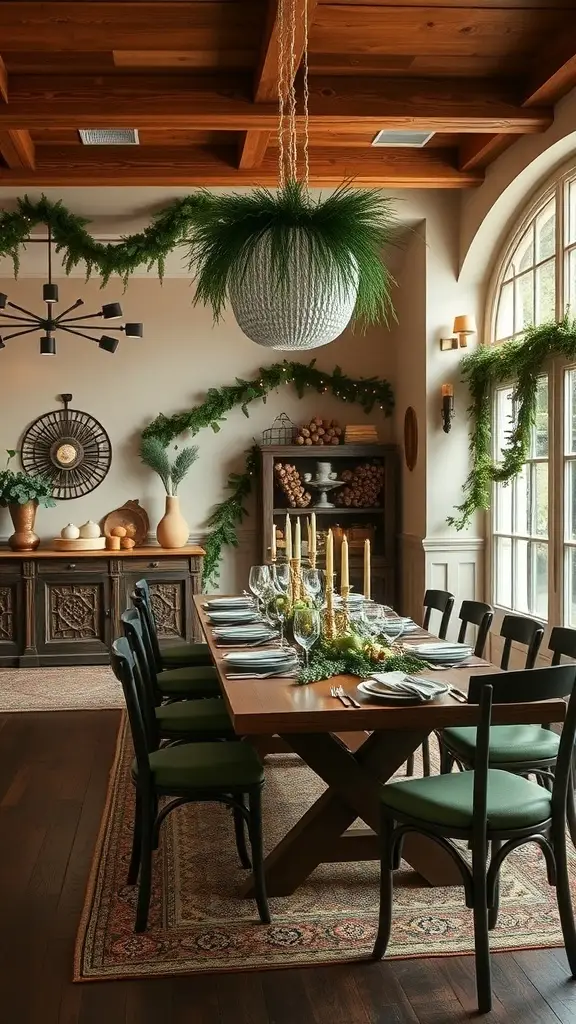 A cozy dining room setting inspired by Endor, featuring a long wooden table, candles, and natural decorations.