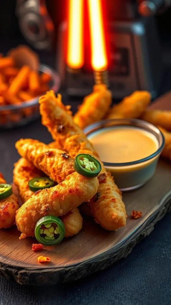 A plate of spicy tempura with jalapeño slices and a creamy dipping sauce, set against a backdrop of lightsaber-like glowing elements.