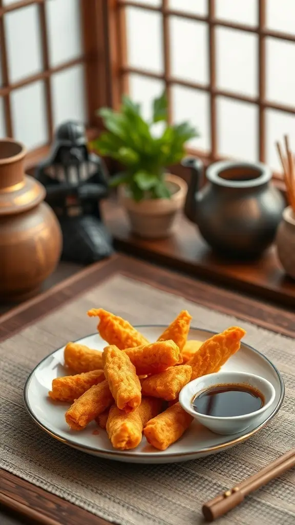 A plate of sweet potato tempura with soy sauce, set in a cozy environment with Star Wars-themed decor.
