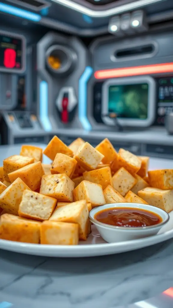 A plate of crispy fried tofu tempura cubes with a small bowl of dipping sauce, set against a futuristic background.
