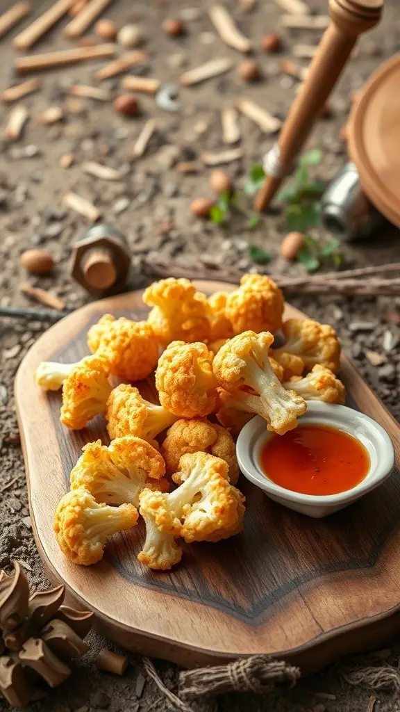 Crispy cauliflower tempura served with a dipping sauce on a wooden platter