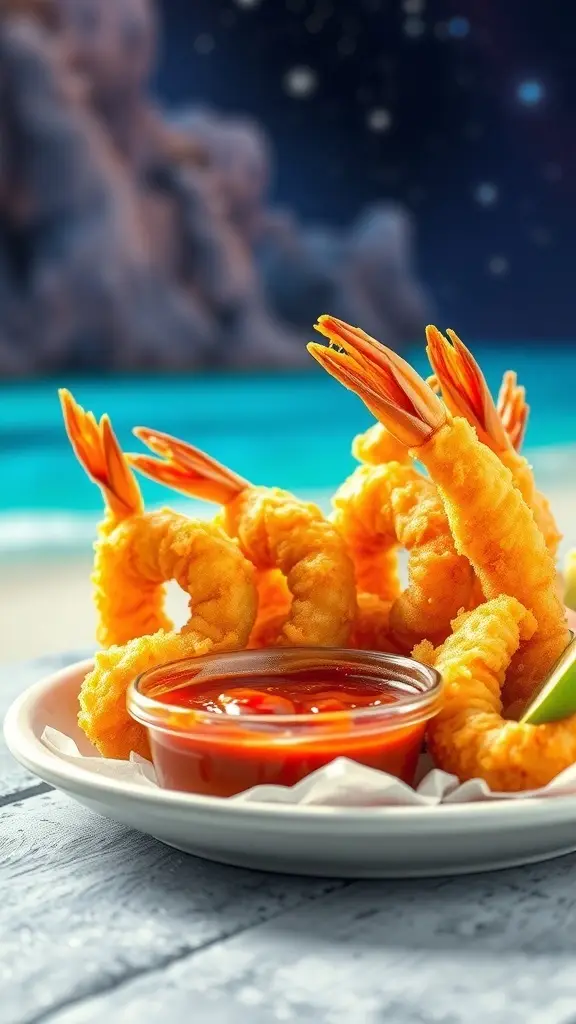 A plate of crispy tempura shrimp with a dipping sauce, set against a beach background.