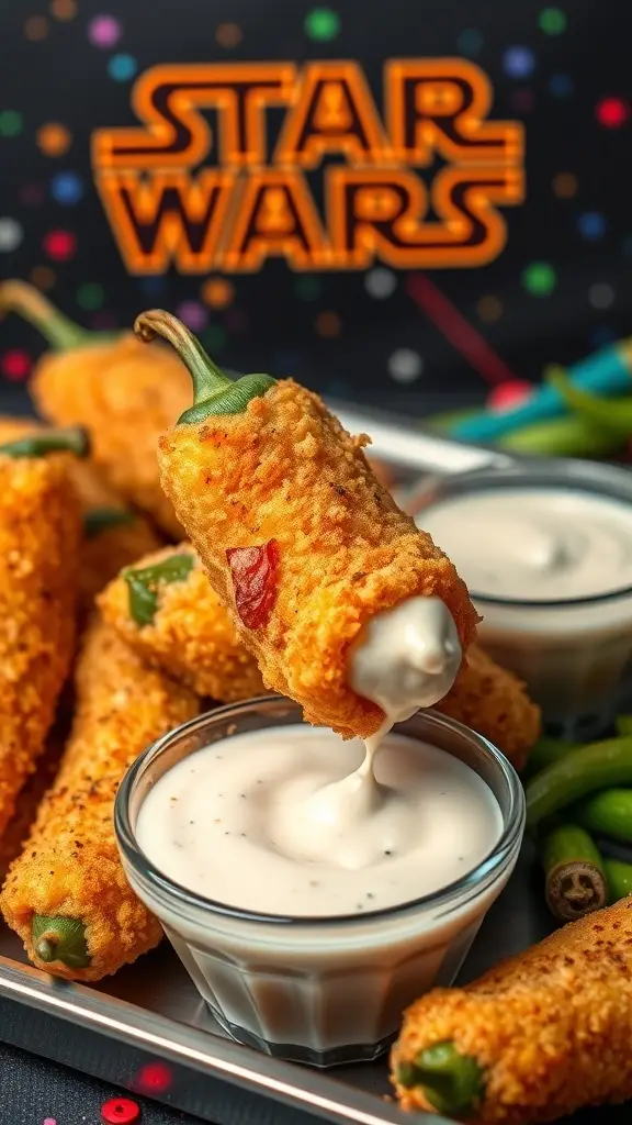 Crispy jalapeño poppers tempura served with dipping sauce, themed with Star Wars decorations.