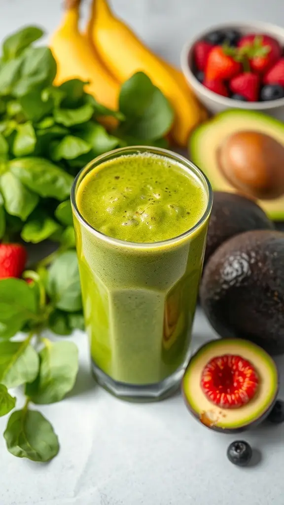 A green smoothie made with spinach, banana, avocado, and berries, surrounded by fresh ingredients.