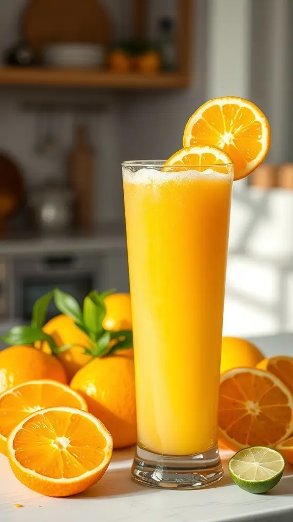 A tall glass of orange drink garnished with an orange slice, surrounded by fresh oranges.