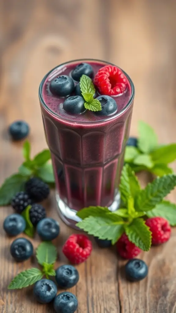 A vibrant berry elixir in a glass, garnished with mint leaves and surrounded by fresh berries.