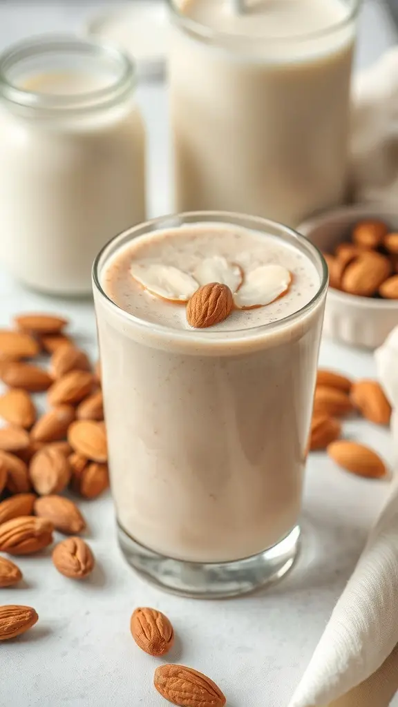 A creamy almond drink garnished with almonds, surrounded by whole almonds.