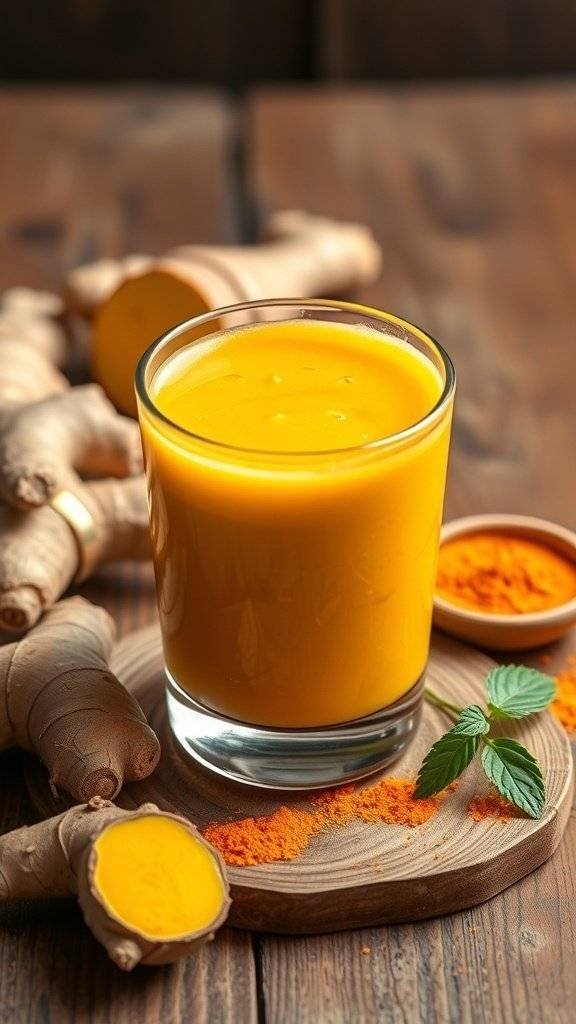 A glass of spicy ginger elixir surrounded by fresh ginger roots and spices.