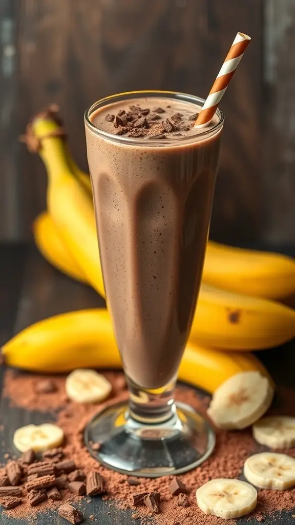 A delicious chocolate banana smoothie in a tall glass with bananas in the background.