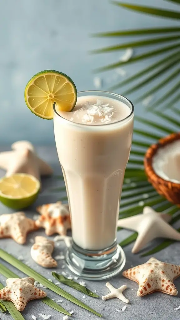A refreshing Coconut Lime Elixir in a tall glass, garnished with a lime slice and shredded coconut.