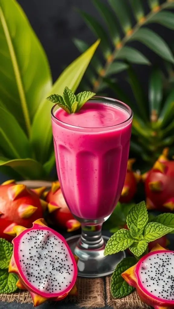 A vibrant pink dragon fruit elixir in a glass, surrounded by fresh dragon fruit and mint leaves.