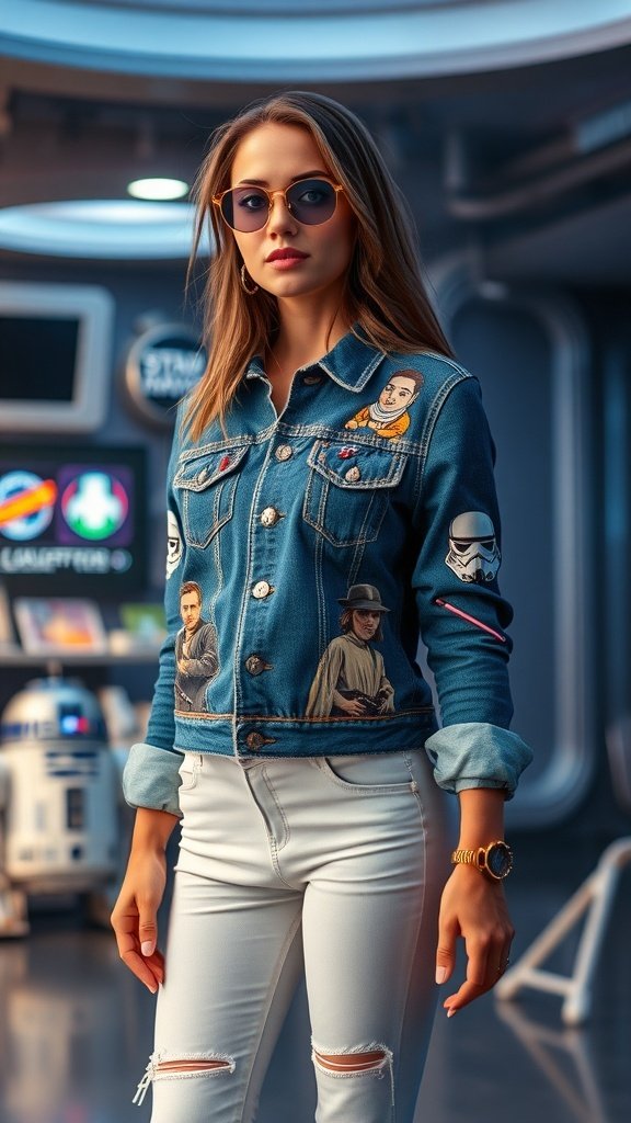 A woman wearing a denim jacket with Star Wars graphics, showcasing bold prints and a stylish look.
