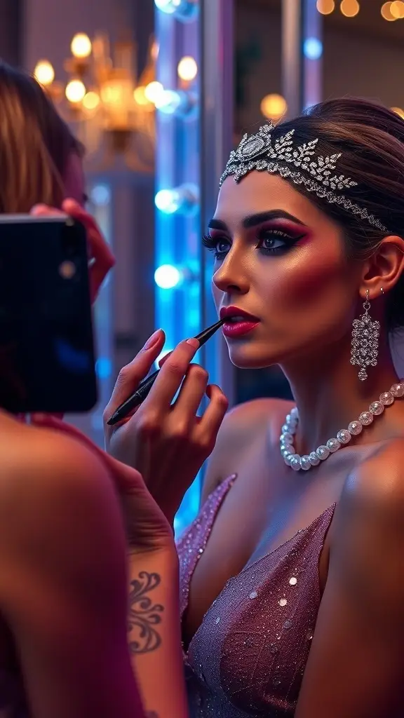 Two women in a vintage setting applying makeup, showcasing a 1920s Gatsby-inspired style.