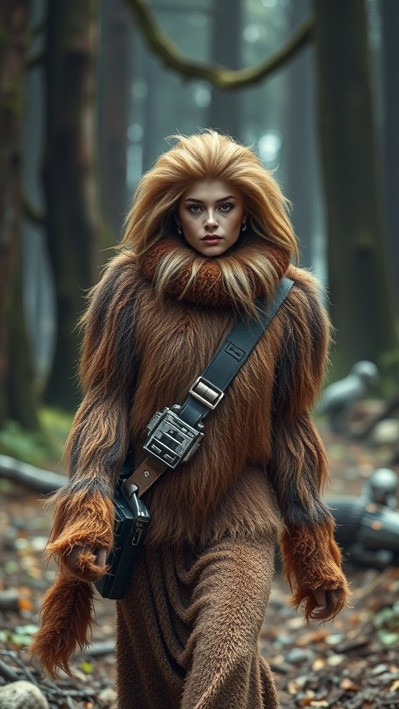 A model wearing a Wookiee-inspired outfit with bold prints and textures, set in a forest background.