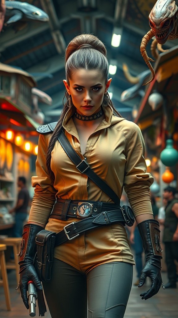 A woman dressed in a sleek black bounty hunter outfit, complete with a helmet and armor, standing confidently.