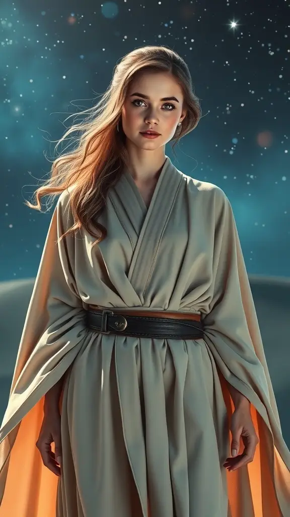 Two women in reimagined Jedi robes, one holding a blue lightsaber, standing in a cosmic setting.