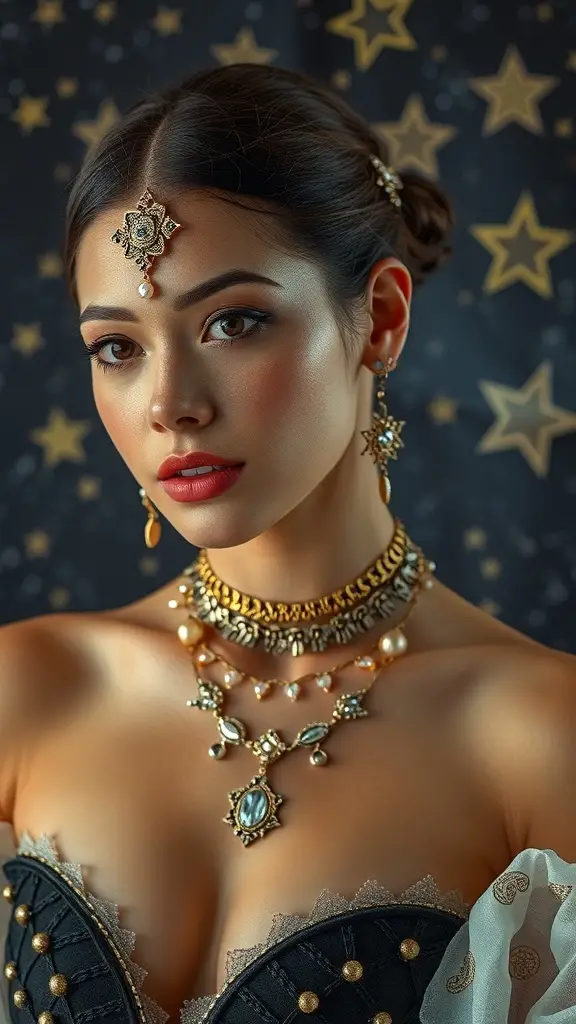 A woman wearing intricate celestial jewelry with bold prints in her outfit, set against a starry background.