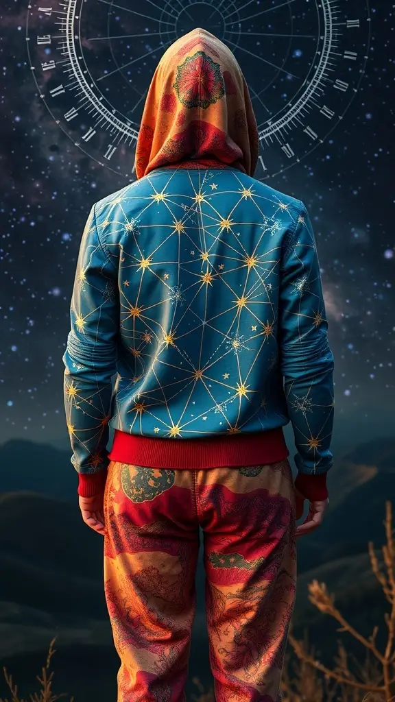 A person wearing a blue jacket with star patterns and colorful pants, standing against a cosmic background.