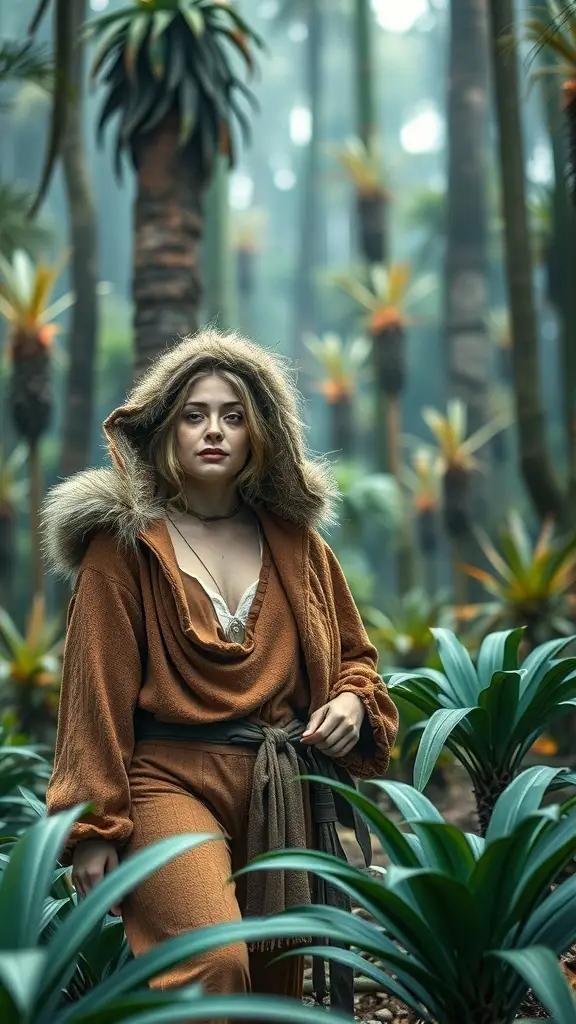 A woman in Ewok-inspired casual wear with a fur hood, surrounded by lush greenery.