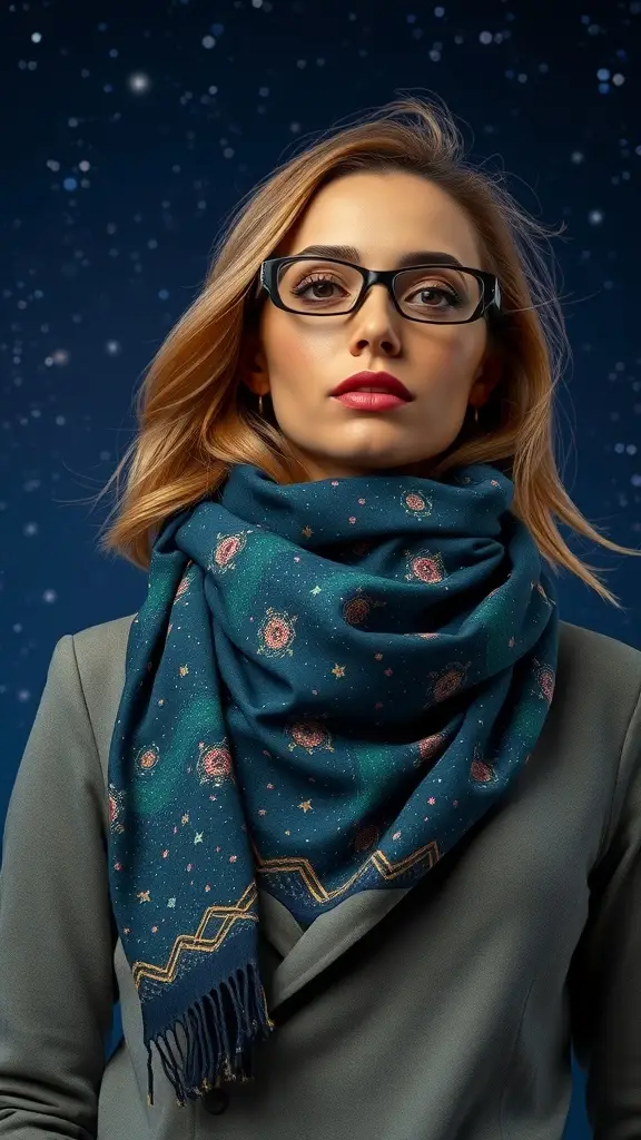 A woman wearing a celestial patterned scarf with stars and galaxies against a night sky backdrop.