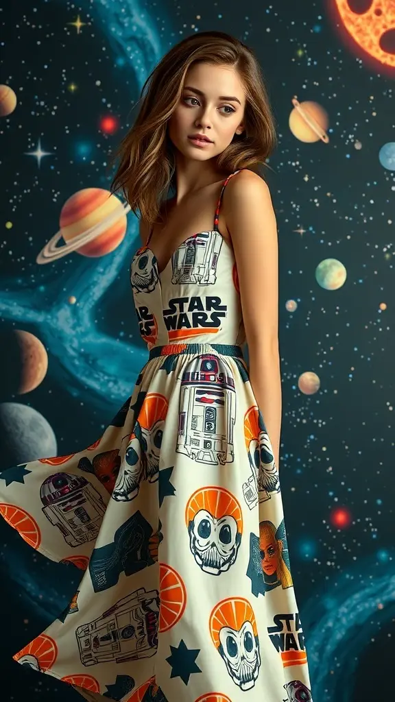 A vibrant dress featuring Star Wars characters, showcasing a maximalist fashion style.