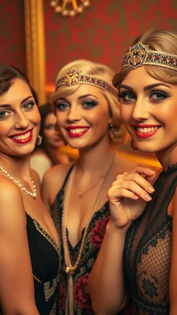 Three women in 1920s makeup and accessories, showcasing the glamour of the Roaring Twenties.