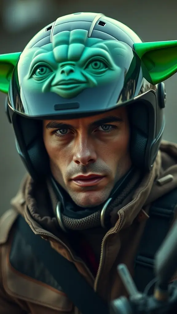 A motor bike helmet designed to resemble Yoda from Star Wars, showcasing his distinct features and colors.