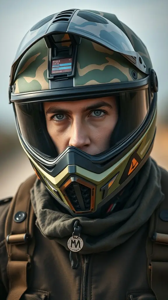 A stylish motor bike helmet with a camo design, reflecting the spirit of Resistance Fighters.