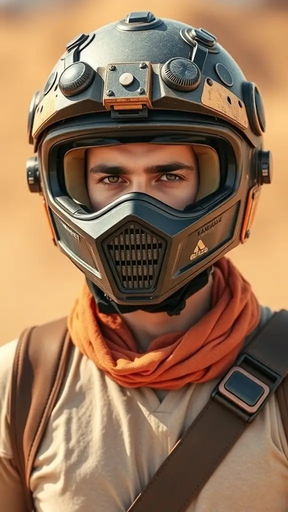 A stylish motor bike helmet inspired by Star Wars, featuring a fierce design and bold colors, set against a desert backdrop.