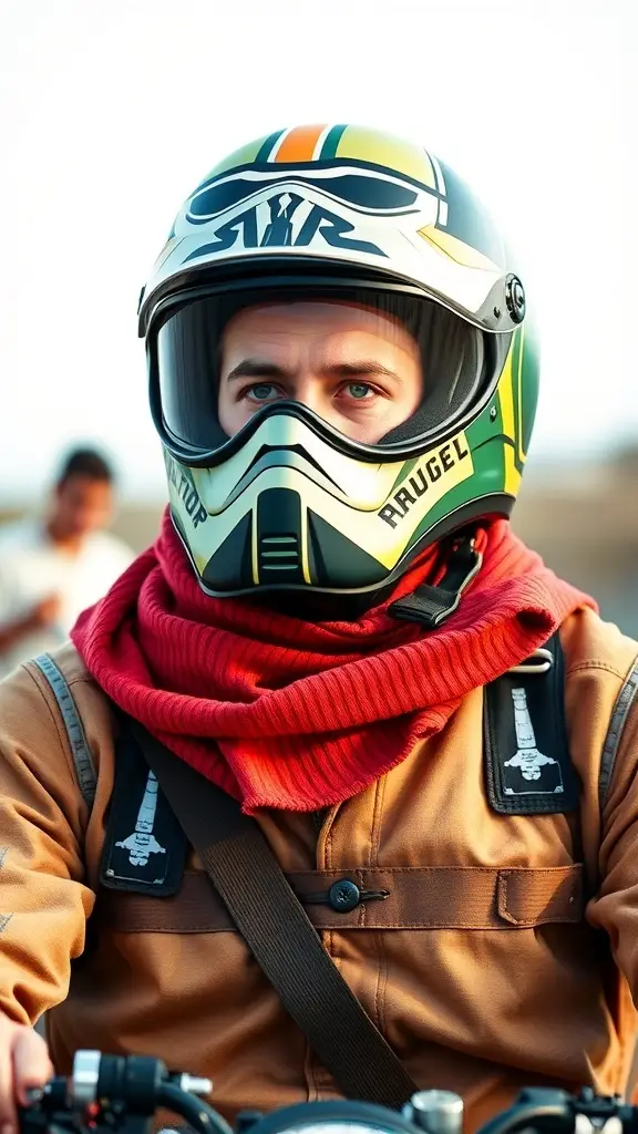 A motor bike helmet featuring Star Wars design with Darth Vader and the Star Wars logo.
