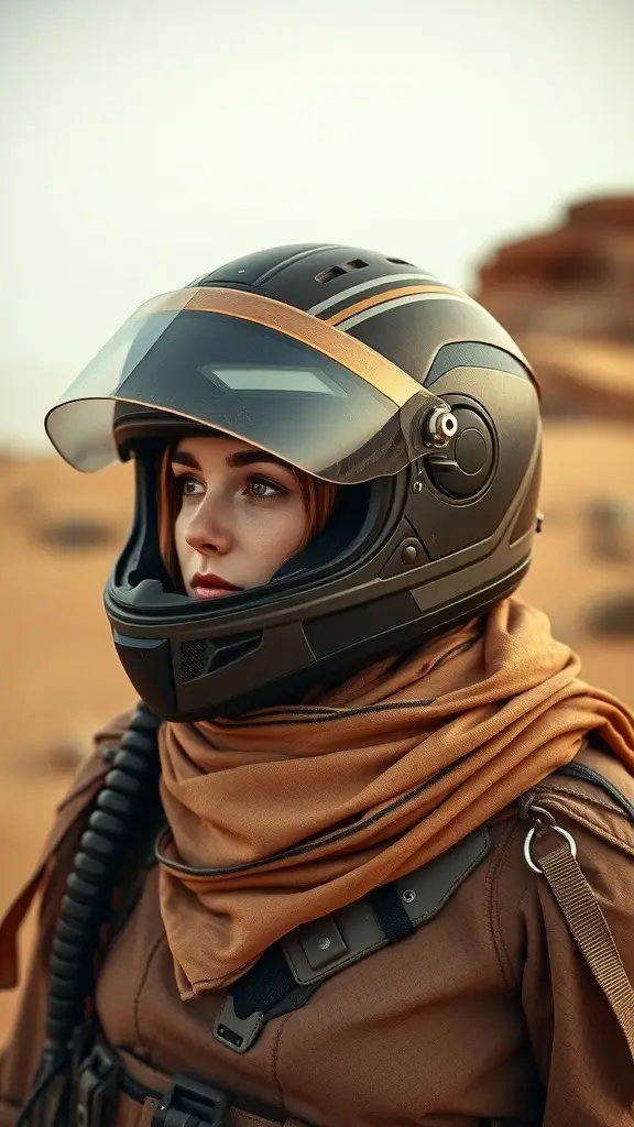 Motor bike helmet inspired by Tatooine desert from Star Wars, featuring sandy colors and a sleek design.