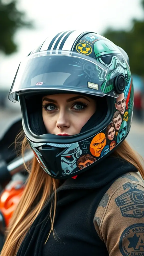 A motor bike helmet decorated with Star Wars characters and logos, showcasing a colorful design.