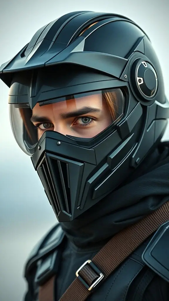 A sleek black motor bike helmet designed in the style of a Sith Inquisitor from Star Wars.